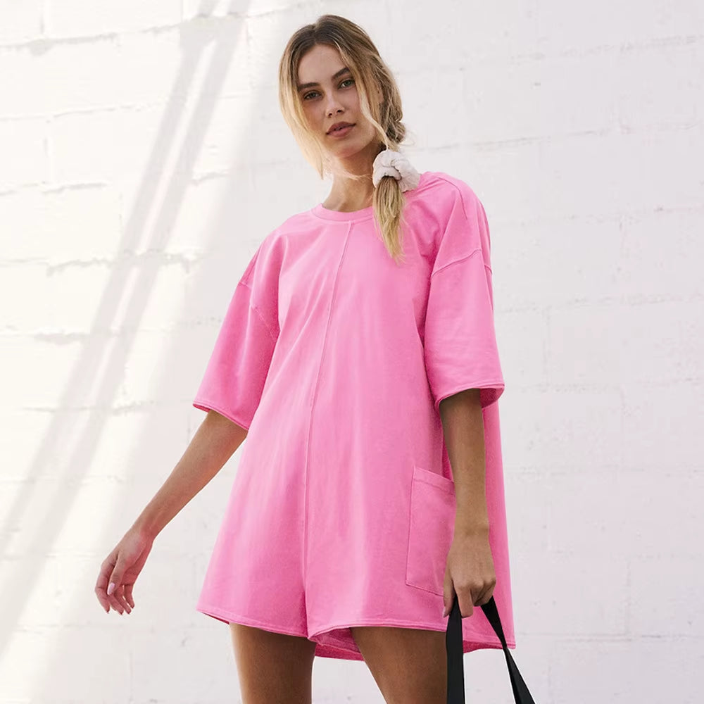 Women Loose Hot Shot Tee Romper Summer Athletic Workout Outdoor Sports Oversized Rompers Short Sleeve Jumpsuit with Pockets