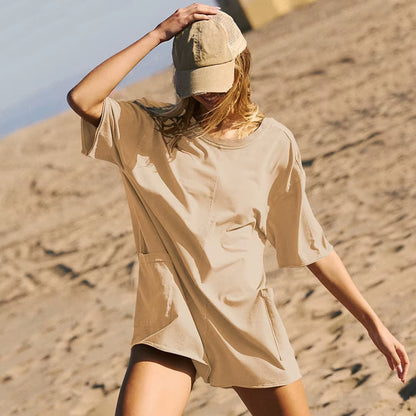 Women Loose Hot Shot Tee Romper Summer Athletic Workout Outdoor Sports Oversized Rompers Short Sleeve Jumpsuit with Pockets