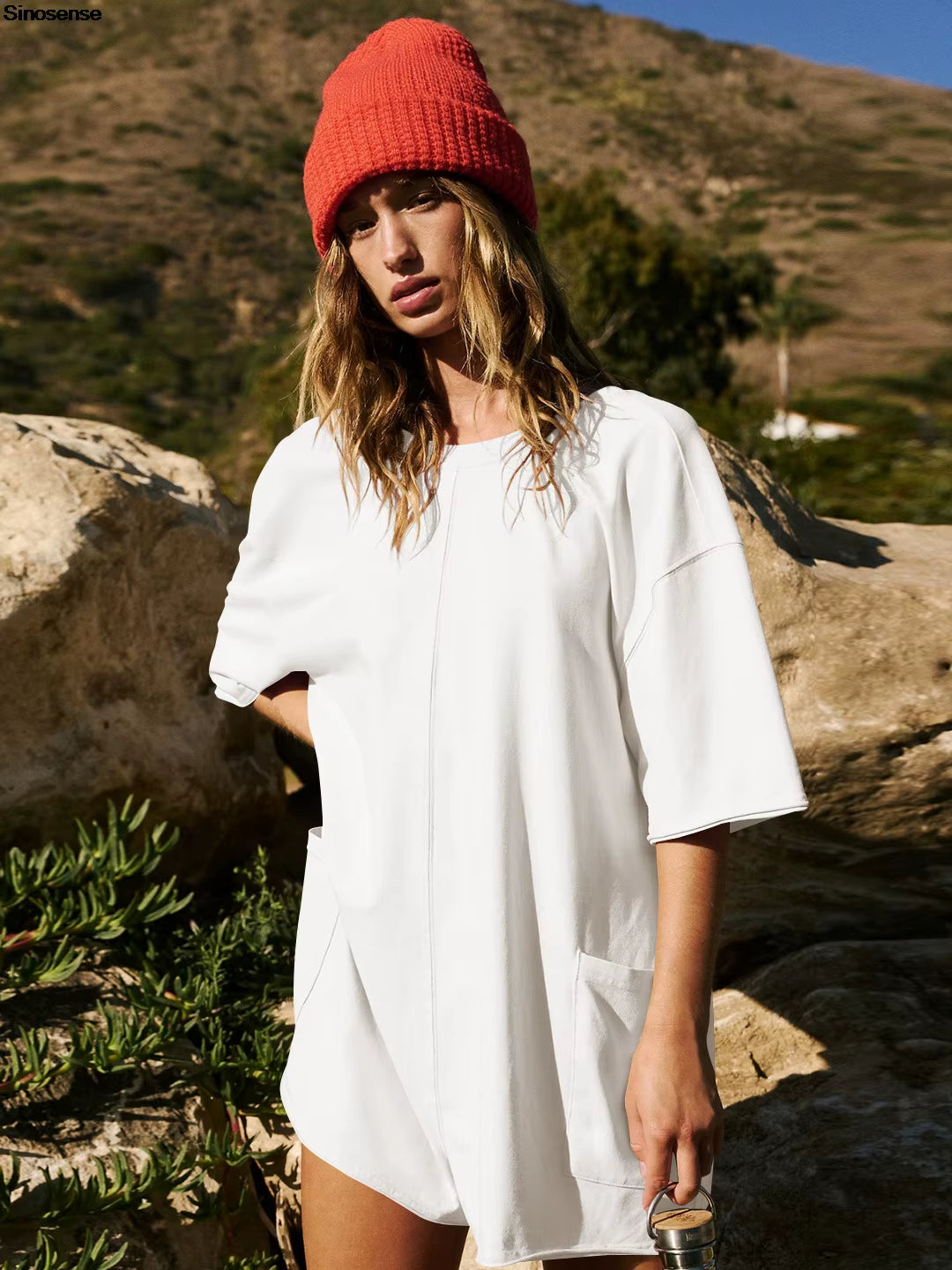 Women Loose Hot Shot Tee Romper Summer Athletic Workout Outdoor Sports Oversized Rompers Short Sleeve Jumpsuit with Pockets