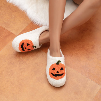 Cute Halloween Slippers for Women Perfect Soft Plush Comfy Warm Slip-On Halloween Pumpkin Slippers Fo Women Indoor Fluffy House Slippers for Women and Men Non-Slip Fuzzy Flat Slides